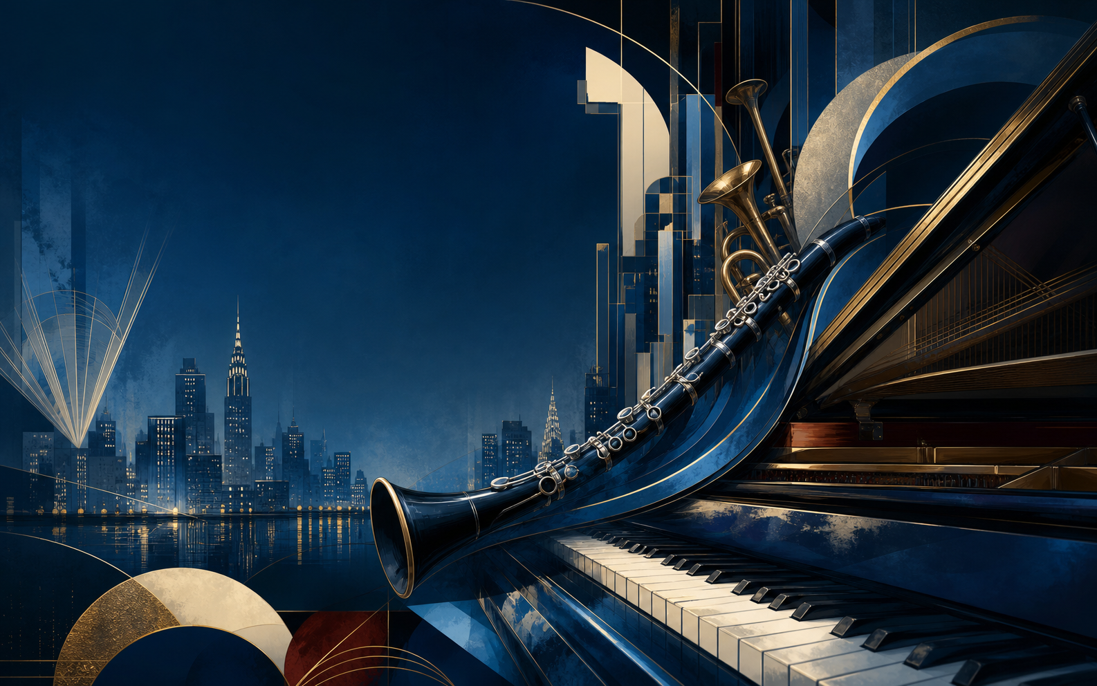 Blue art deco illustration of a grand piano, brass glow, and New York concert atmosphere inspired by Rhapsody in Blue.